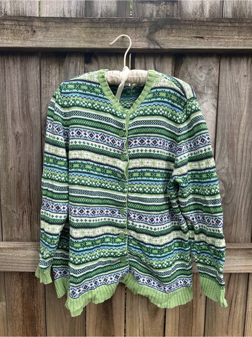 Cherokee cotton blend fair isle green cardigan